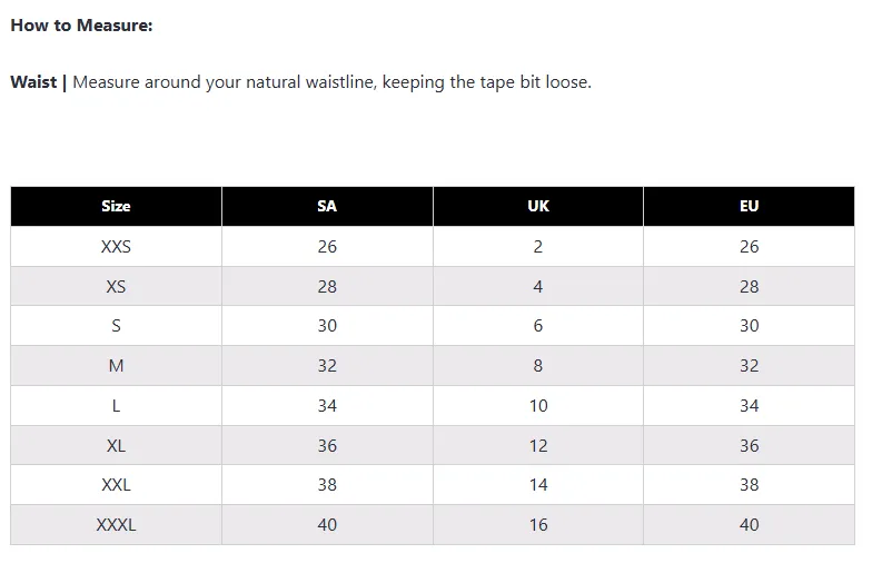 Curvify jeans size chart: Size, SA, UK and EU conversions